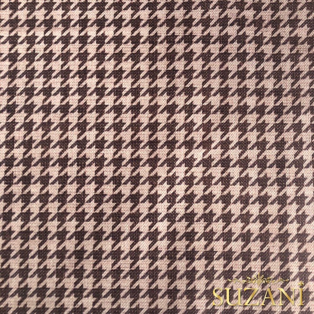 Keten Efektli Küçük Kahve Pudra Kazayağı Desenli Kumaş