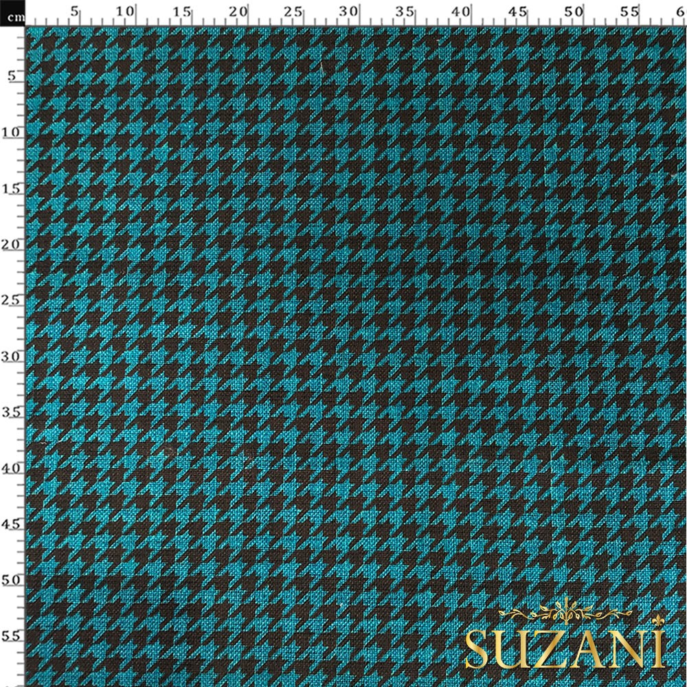 Keten Efektli Küçük Kahve Turkuaz Kazayağı Desenli Kumaş