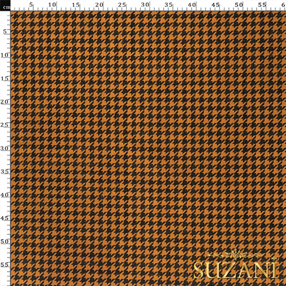 Keten Efektli Küçük Turuncu Siyah Kazayağı Desenli Kumaş