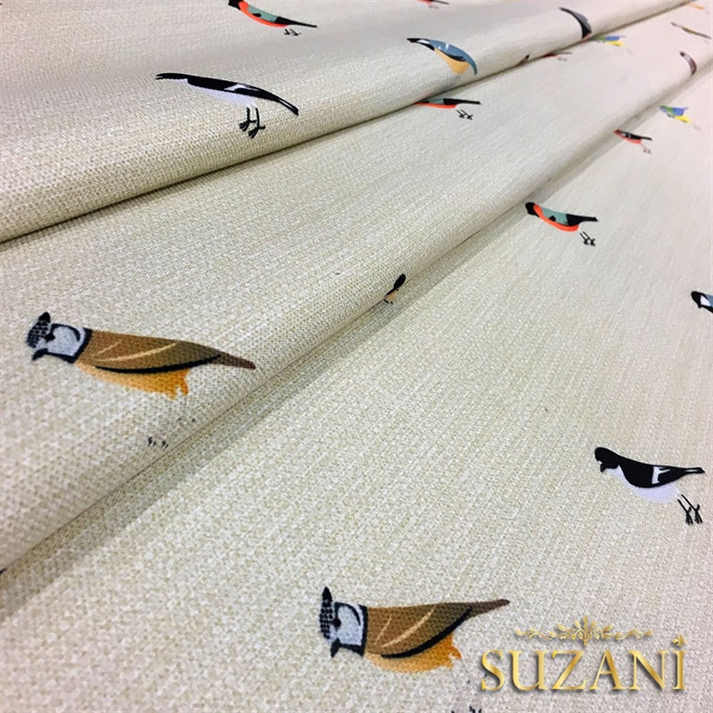 Keten Efektli Renkli Kuşlu Kumaş