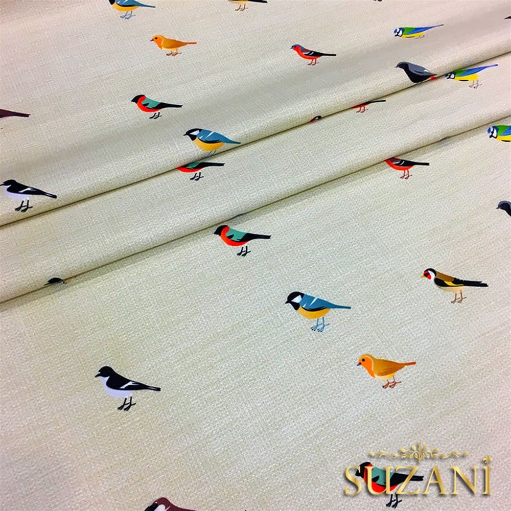 Keten Efektli Renkli Kuşlu Kumaş