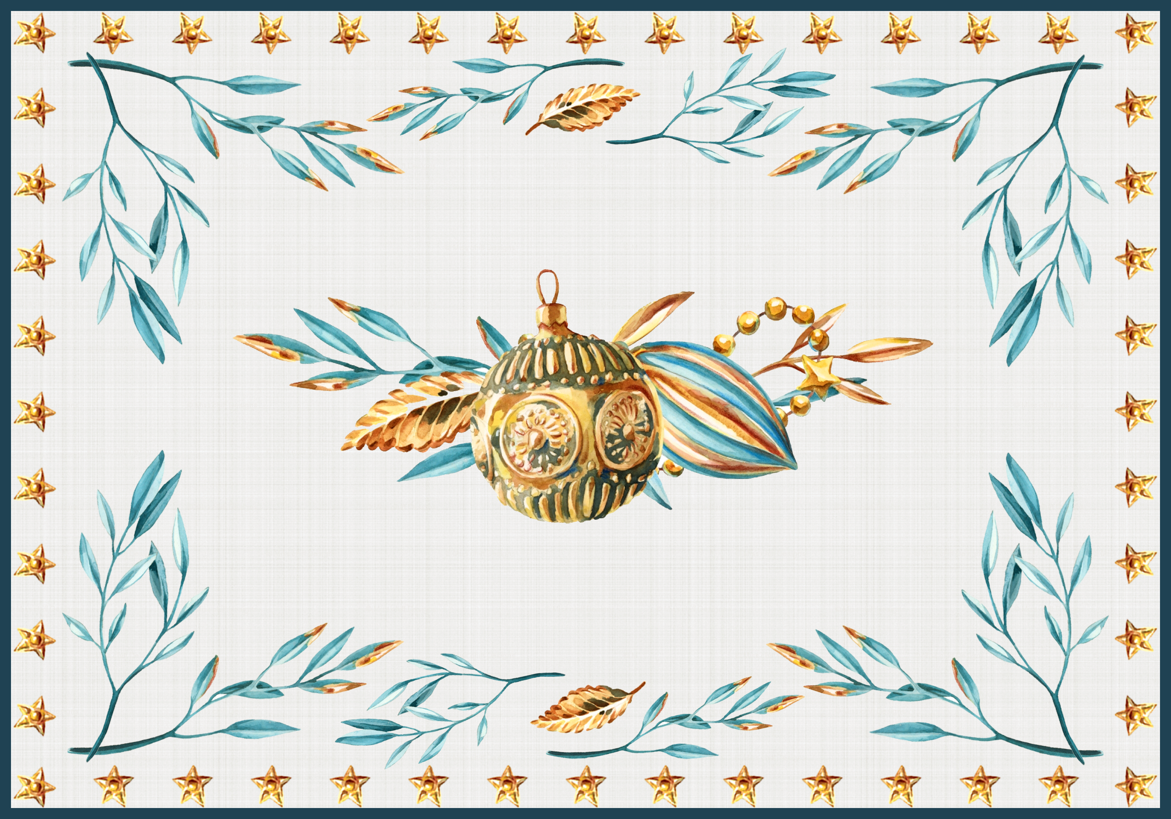 Keten Görünümlü Zemin Mavi Yılbaşı Süsleri Desenli 3'lü Amerikan Servisi Kumaşı