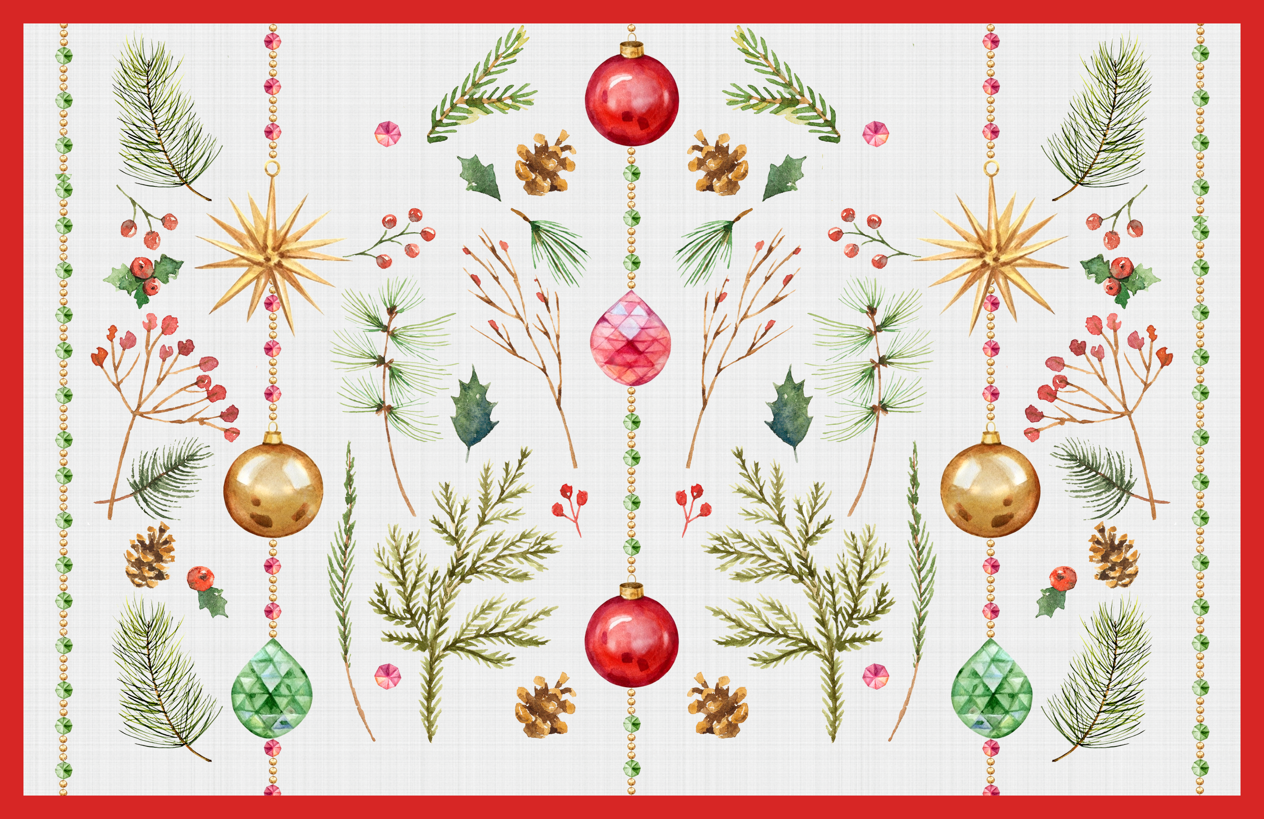 Keten Görünümlü Zemin Yılbaşı Süsleri Desenli 3'lü Amerikan Servisi Kumaşı