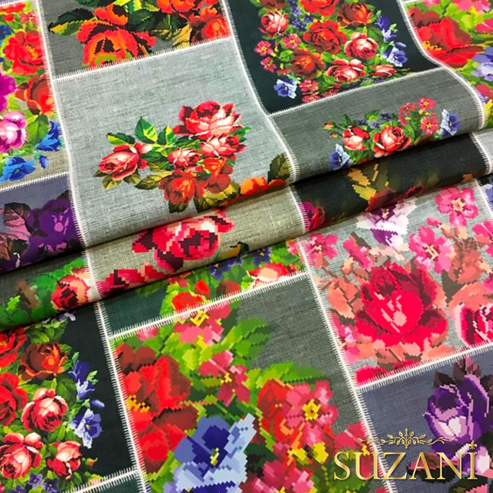 Keten Zemin Kırmızı Çiçek Kanaviçe Desenli Kumaş