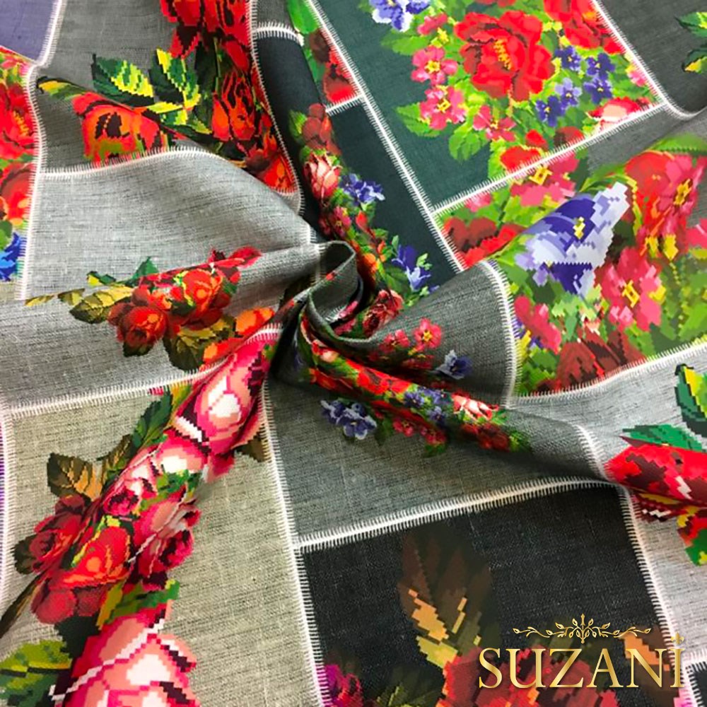 Keten Zemin Kırmızı Çiçek Kanaviçe Desenli Kumaş