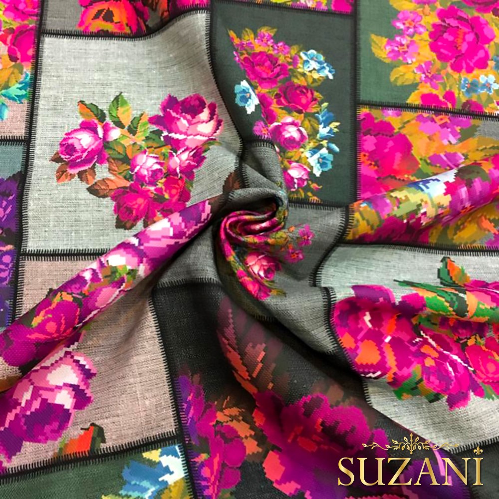 Keten Zemin Mor Çiçek Kanaviçe Desenli Kumaş