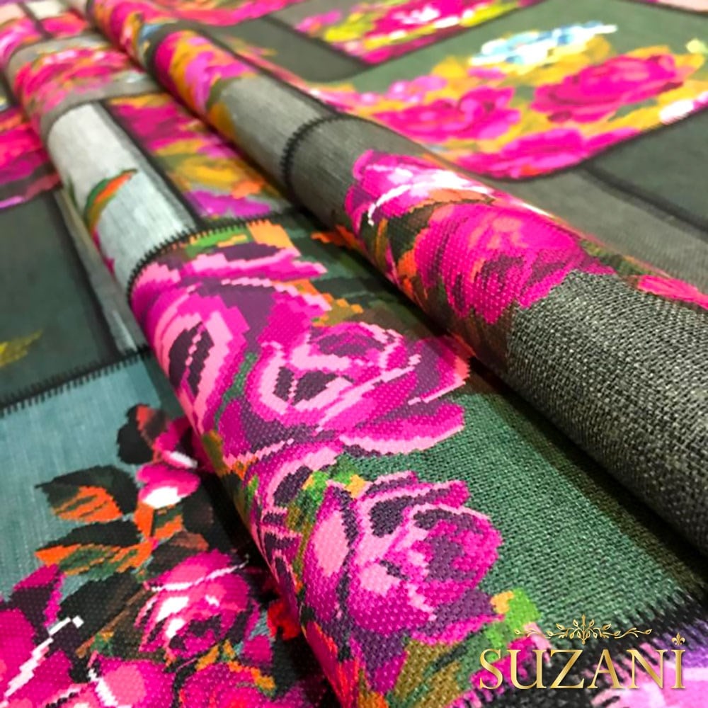 Keten Zemin Mor Çiçek Kanaviçe Desenli Kumaş