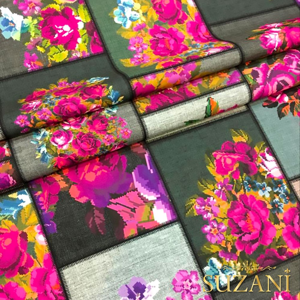 Keten Zemin Mor Çiçek Kanaviçe Desenli Kumaş