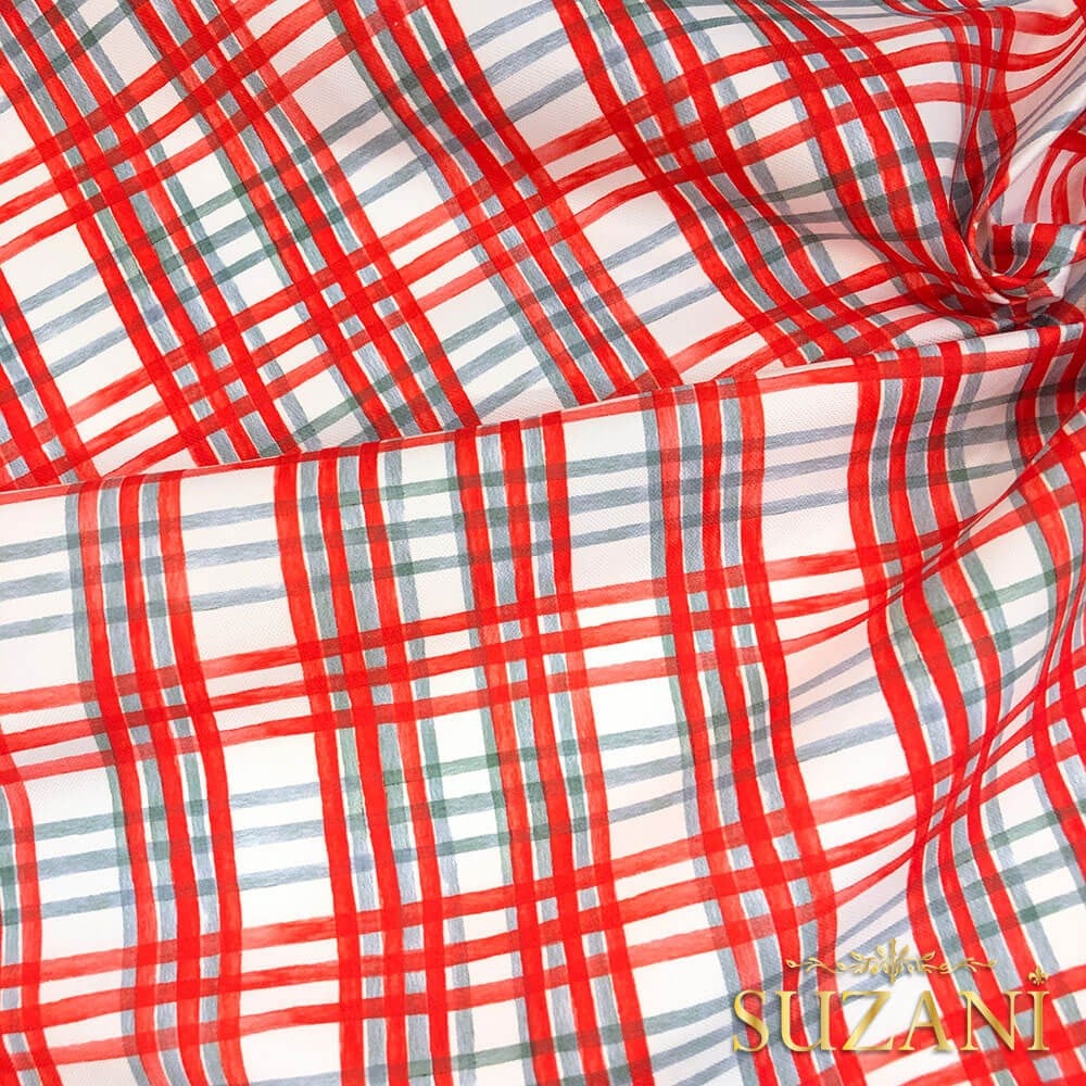 Kırmızı Gri Ekose Desenli Dijital Baskılı Kumaş