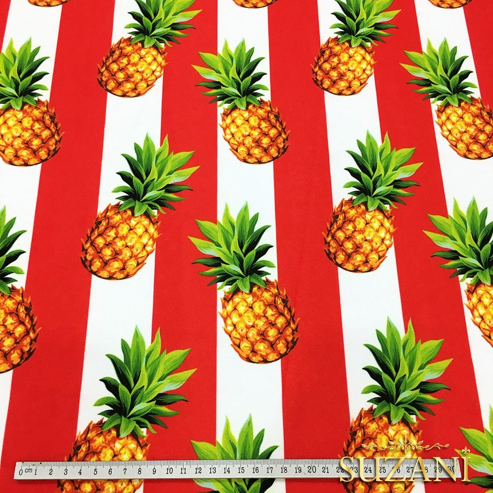 Kırmızı Kalın Çizgi Üzeri Ananaslar Desenli Kumaş