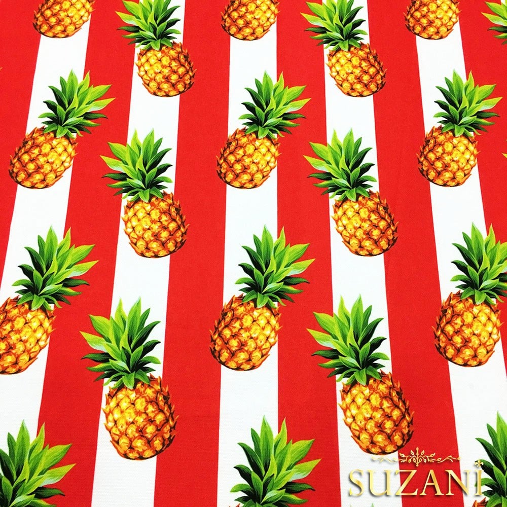 Kırmızı Kalın Çizgi Üzeri Ananaslar Desenli Kumaş