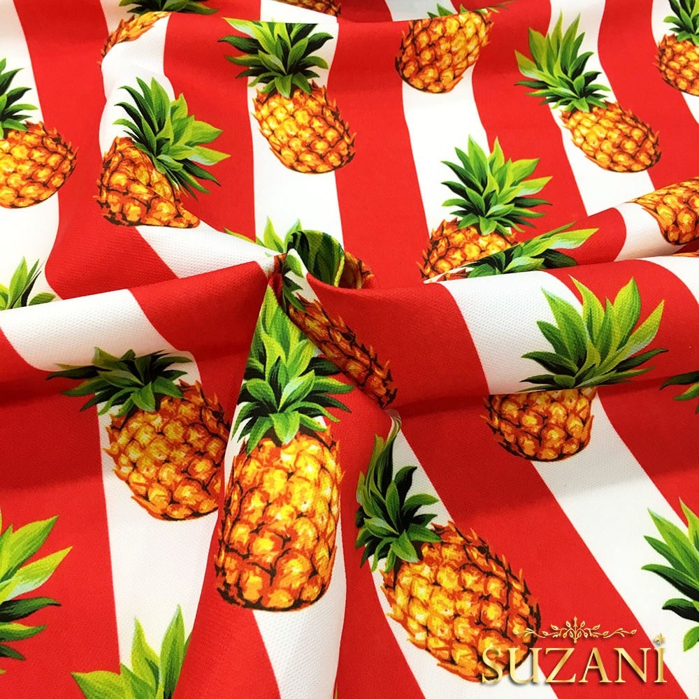 Kırmızı Kalın Çizgi Üzeri Ananaslar Desenli Kumaş