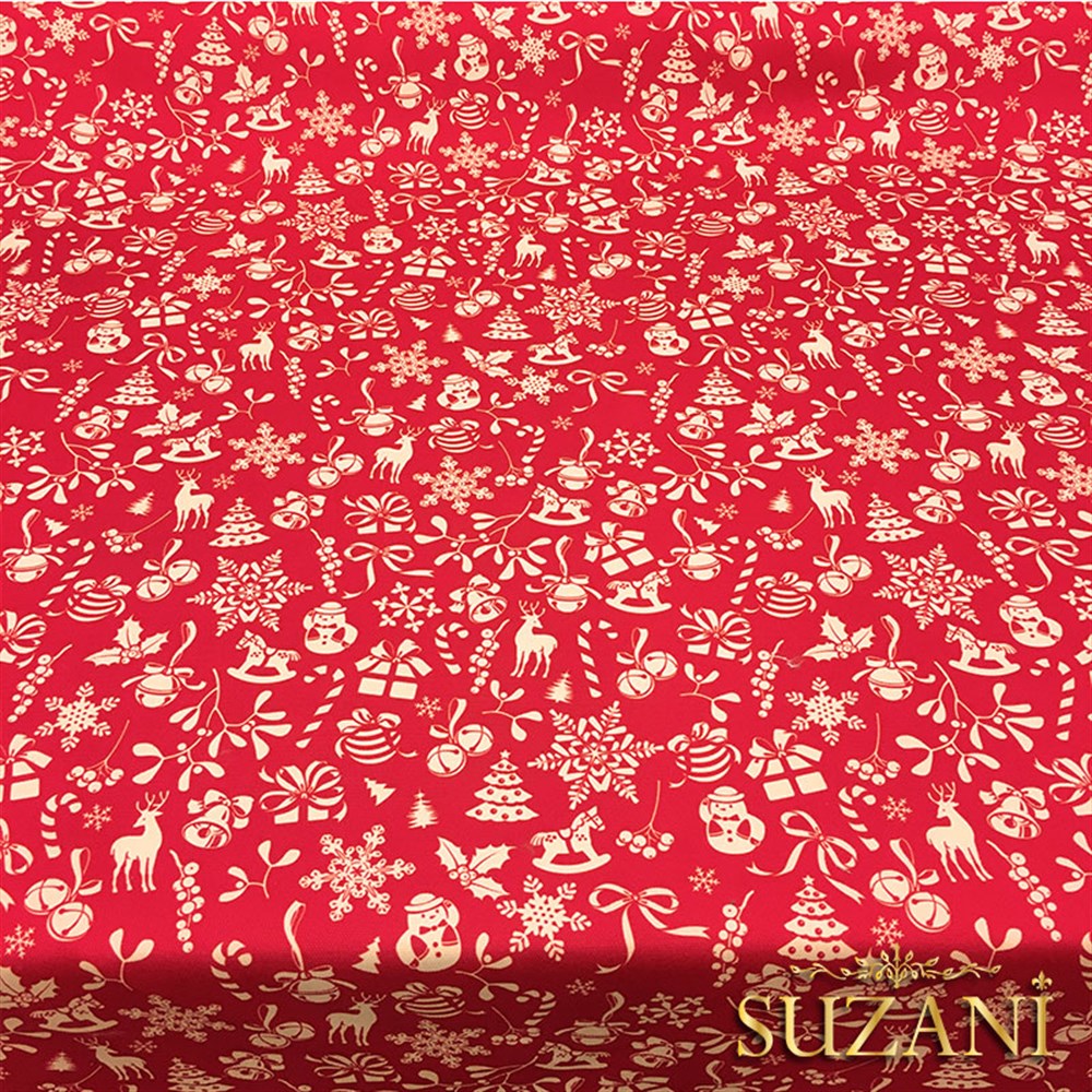 Kırmızı Küçük Figürlü Yılbaşı Desenli Kumaş