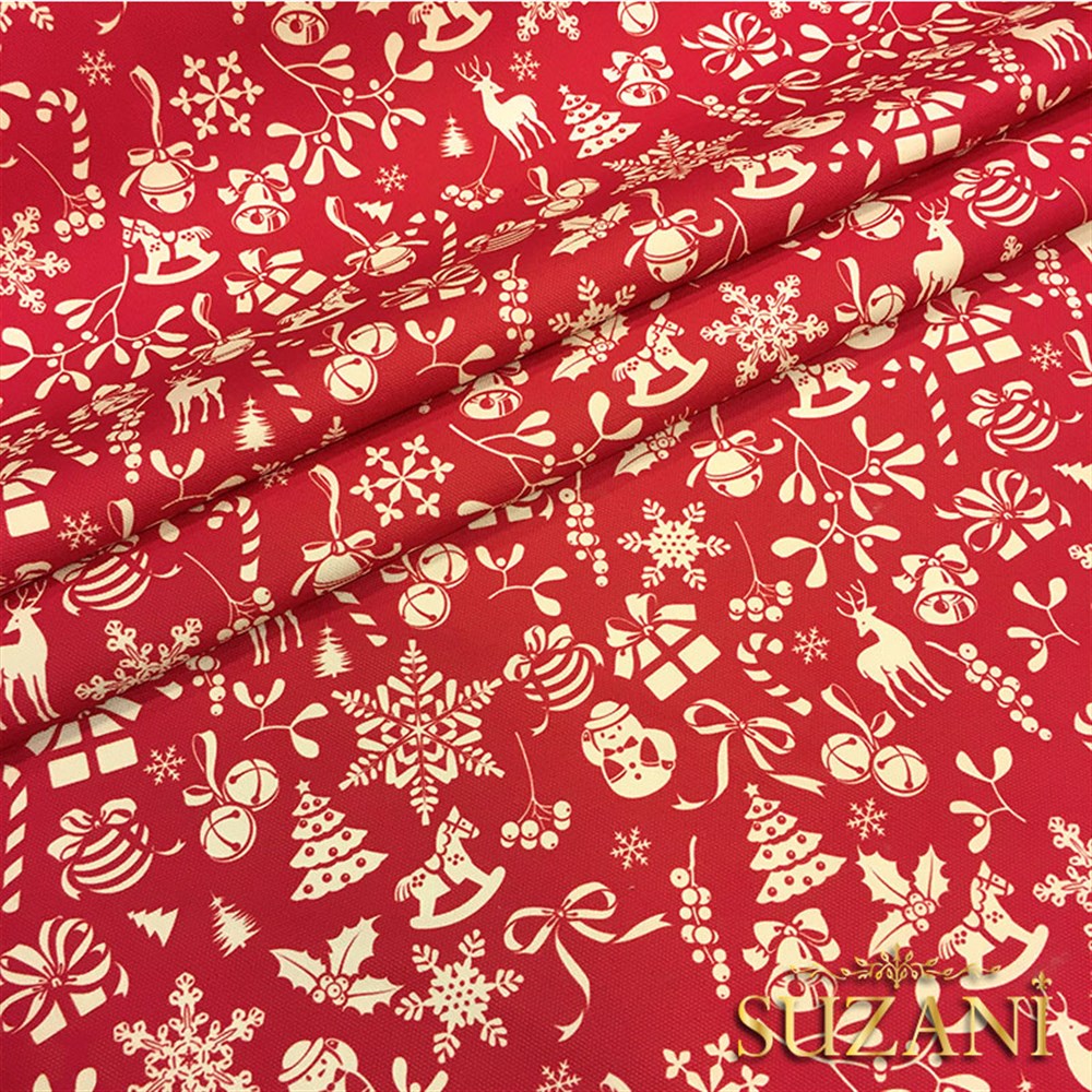 Kırmızı Küçük Figürlü Yılbaşı Desenli Kumaş