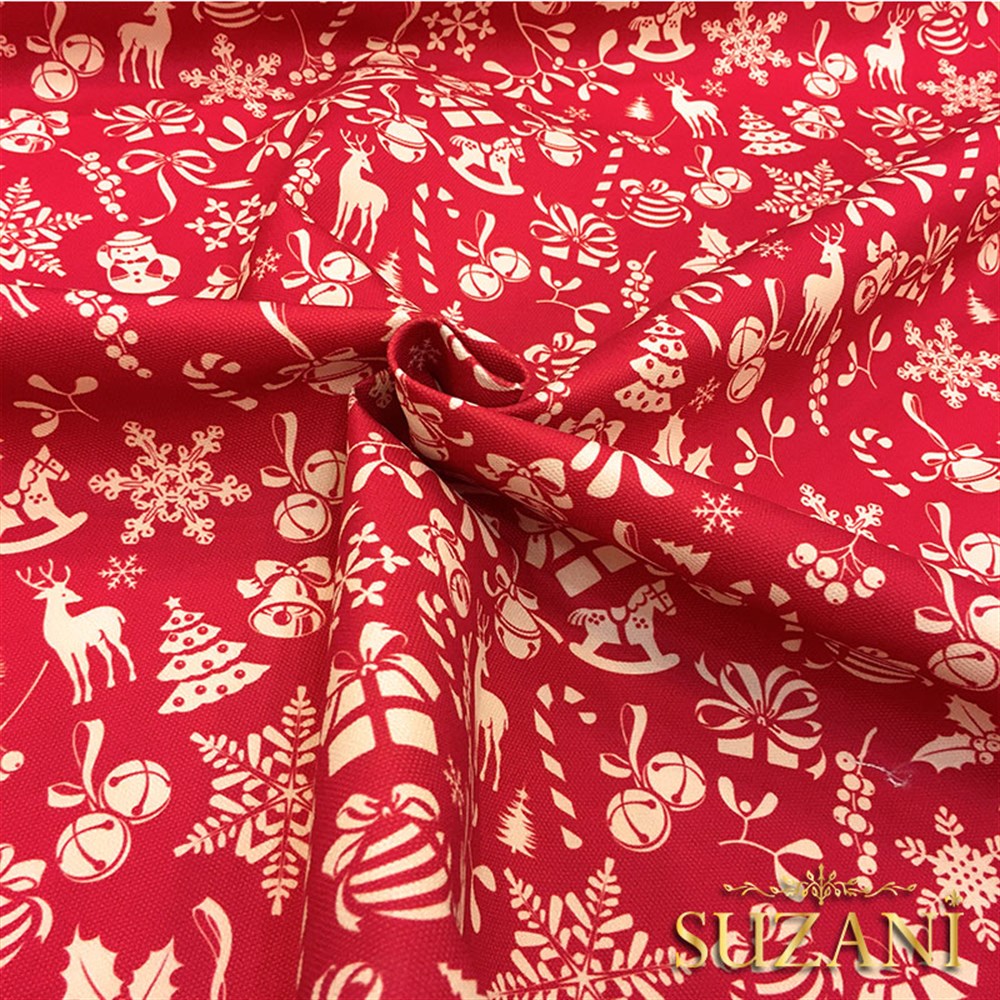 Kırmızı Küçük Figürlü Yılbaşı Desenli Kumaş