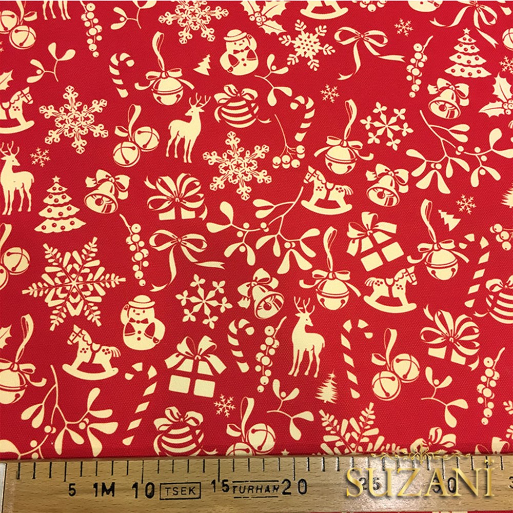 Kırmızı Küçük Figürlü Yılbaşı Desenli Kumaş