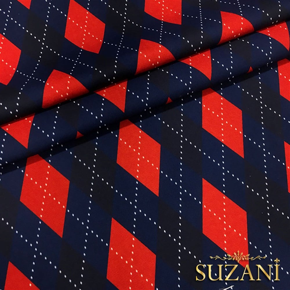 Kırmızı Lacivert Baklava Kazak Desenli Kumaş