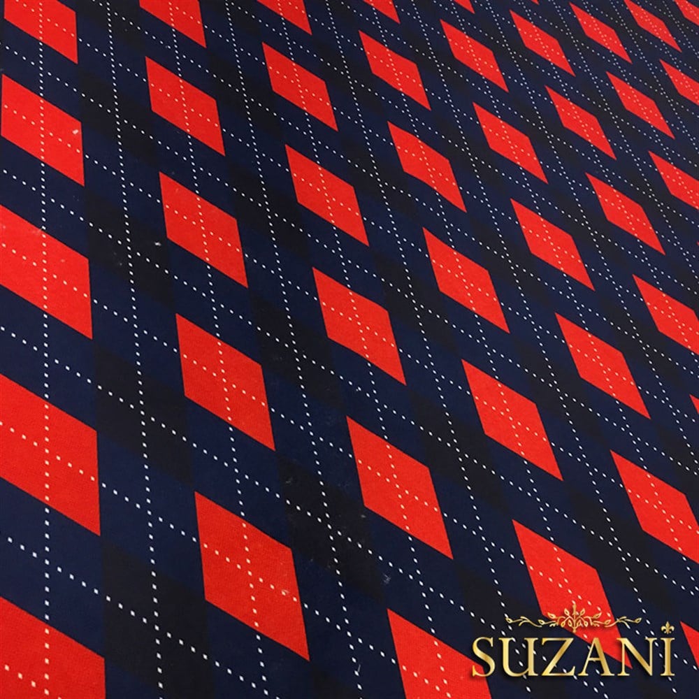 Kırmızı Lacivert Baklava Kazak Desenli Kumaş