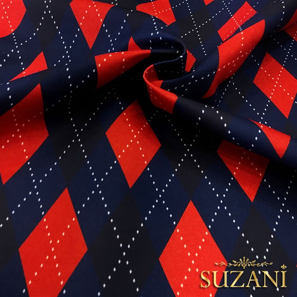 Kırmızı Lacivert Baklava Kazak Desenli Kumaş