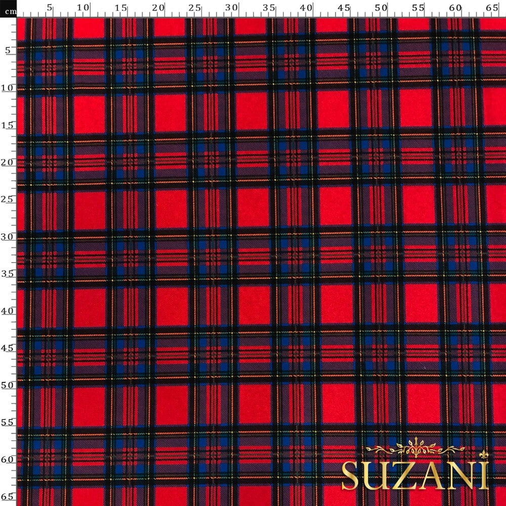 Kırmızı Mavi Ekose Desenli Dijital Baskılı Kumaş