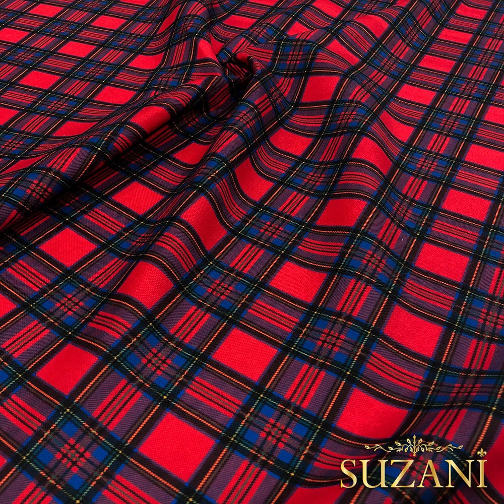 Kırmızı Mavi Ekose Desenli Dijital Baskılı Kumaş