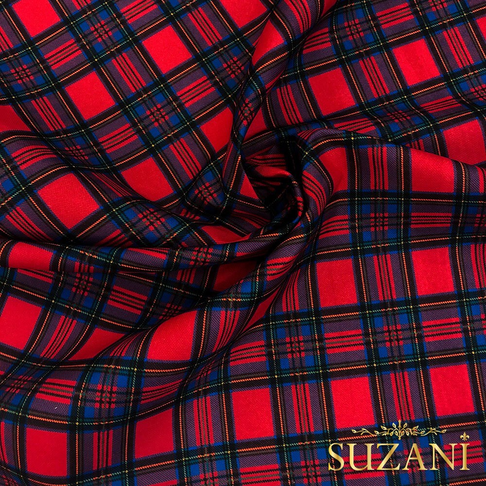 Kırmızı Mavi Ekose Desenli Dijital Baskılı Kumaş