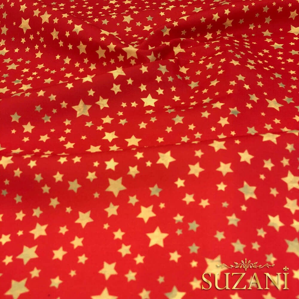 Kırmızı Zemin Gold Yıldız Desenli Dijital Baskılı Kumaş