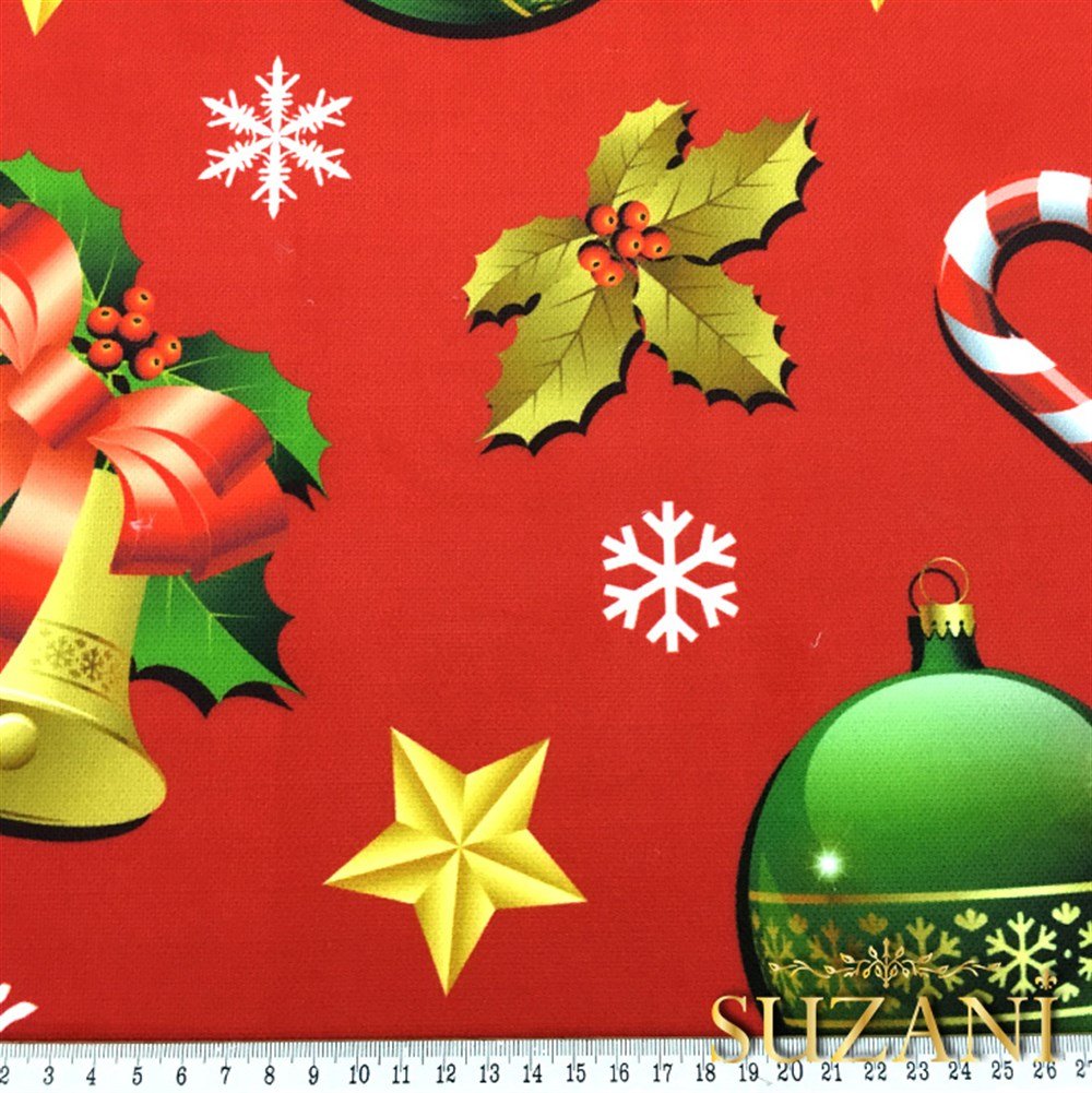 Kirmizi Zemin Yılbaşı Desenli Kumaş