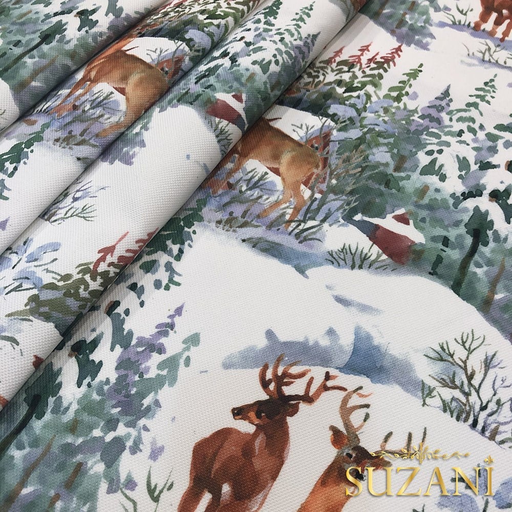 Kış Manzarası Desenli Dijital Baskılı Kumaş