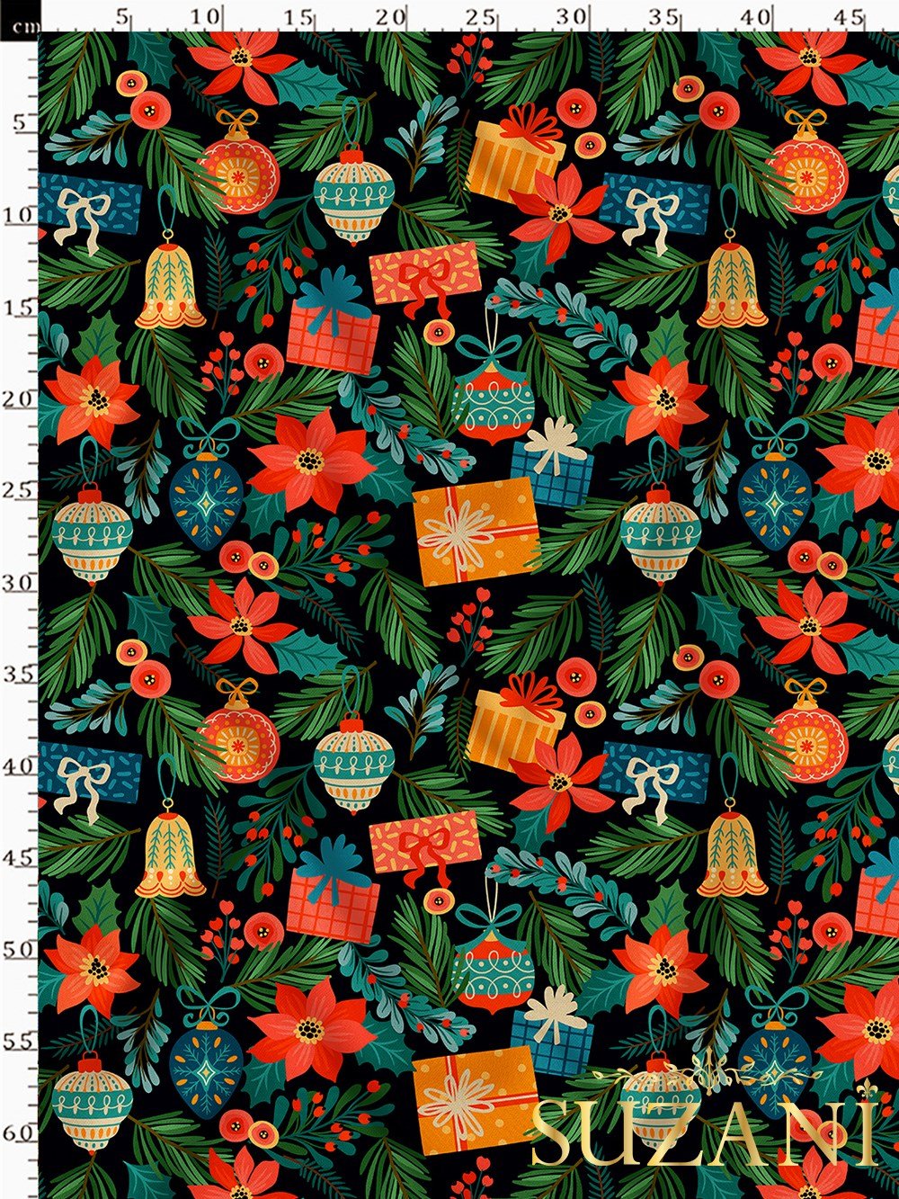 Koyu Lacivert Zemin Yılbaşı Süsleri Desenli Dijital Baskılı Kumaş