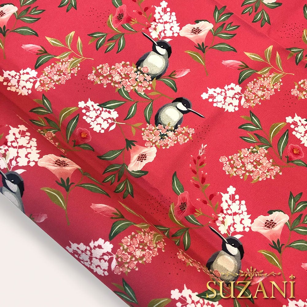 Koyu Pembe Saka Kuşu Dijital Baskılı Kumaş