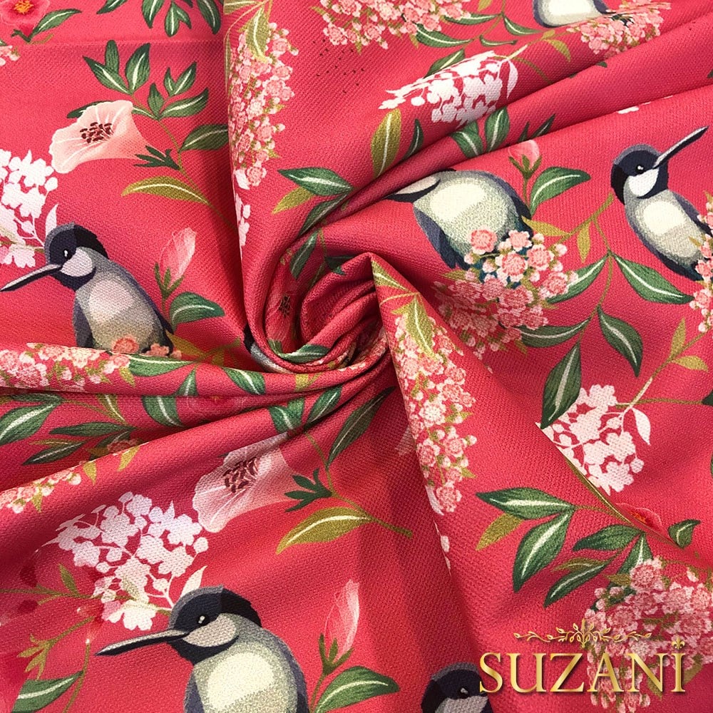 Koyu Pembe Saka Kuşu Dijital Baskılı Kumaş