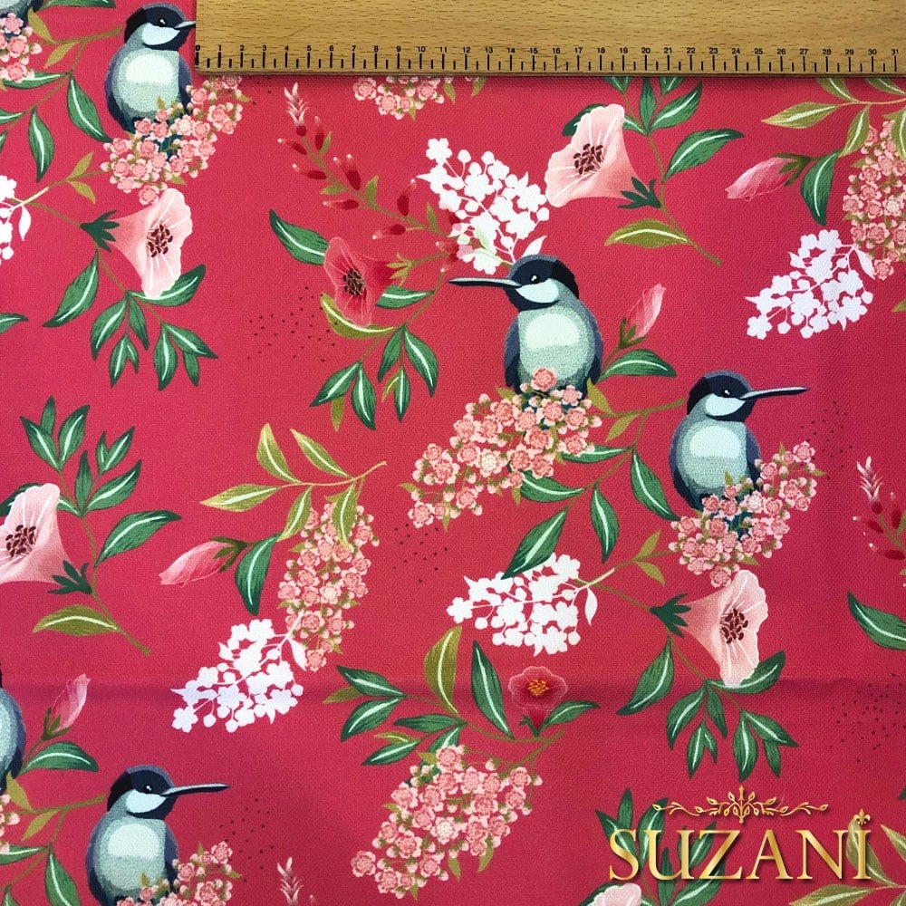 Koyu Pembe Saka Kuşu Dijital Baskılı Kumaş