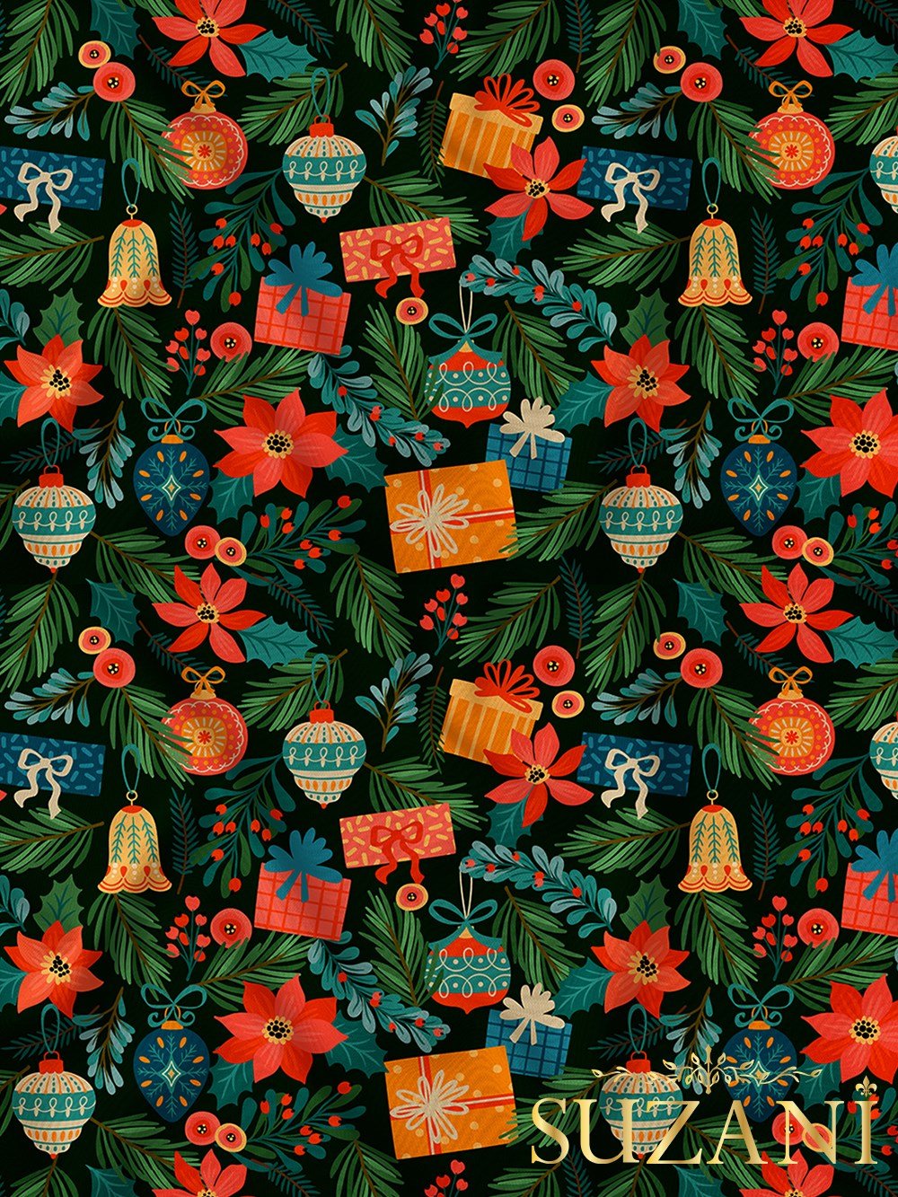 Koyu Yeşil Zemin Yılbaşı Süsleri Desenli Dijital Baskılı Kumaş