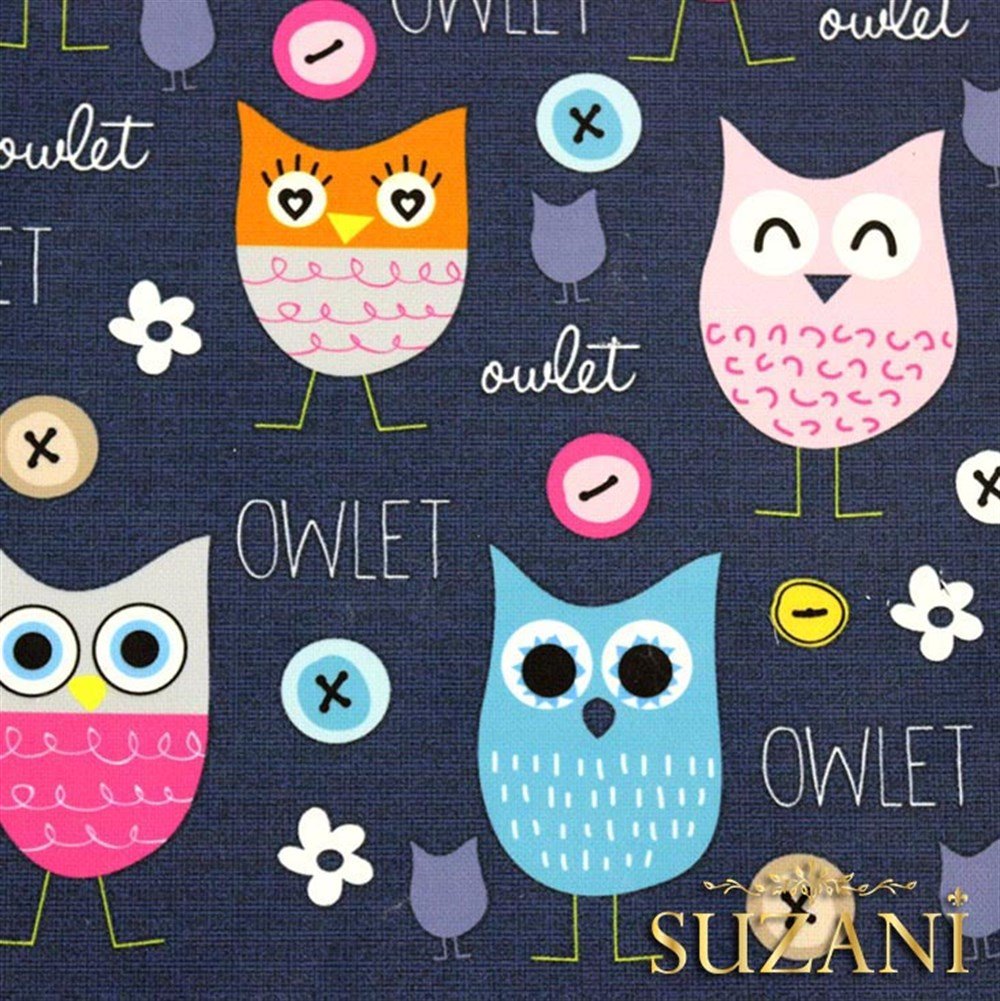 Lacivert Baykuş Desenli Çocuk Kumaşı