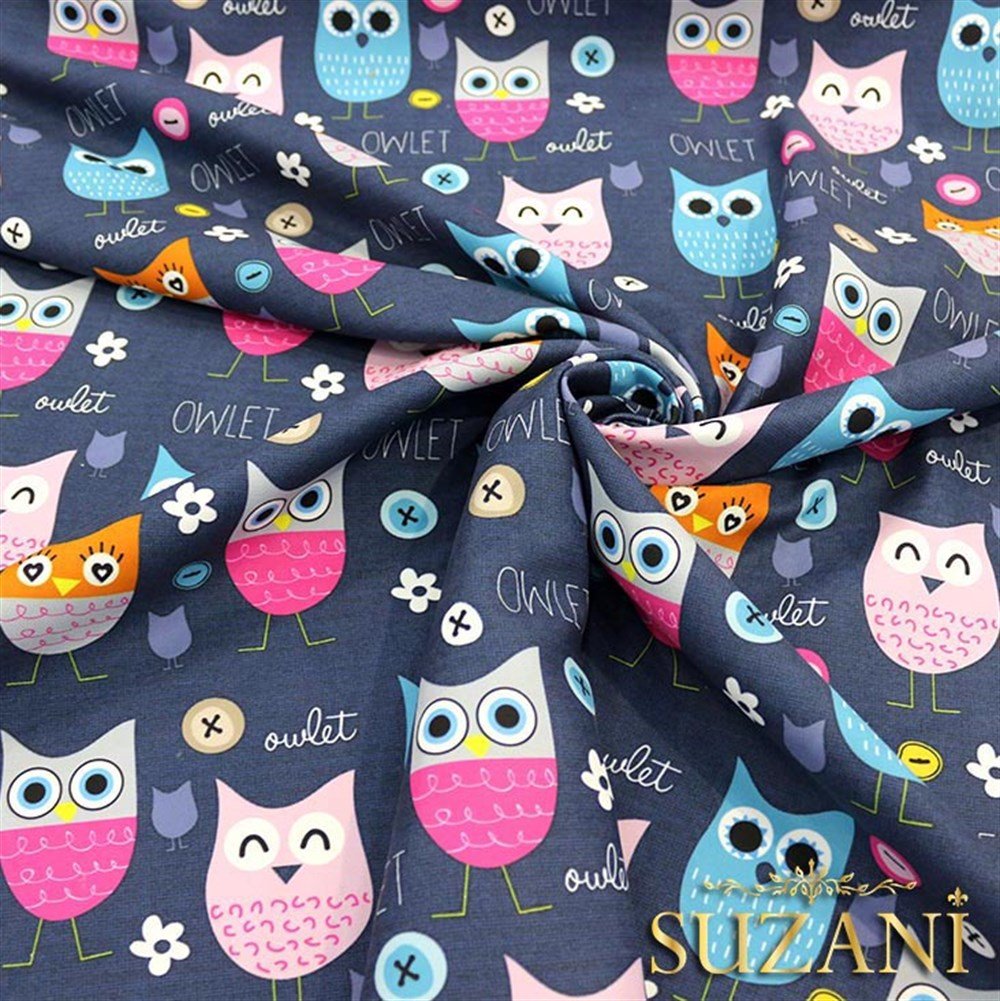 Lacivert Baykuş Desenli Çocuk Kumaşı