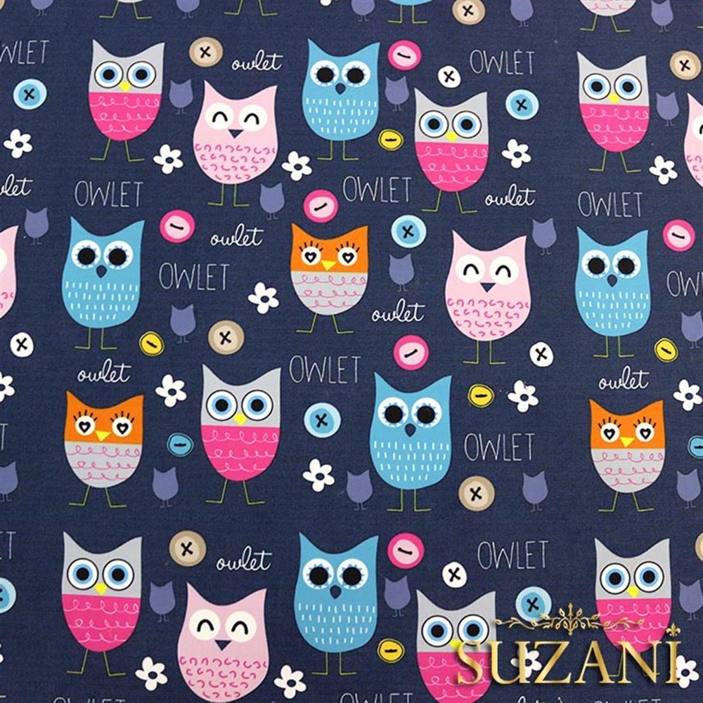 Lacivert Baykuş Desenli Çocuk Kumaşı