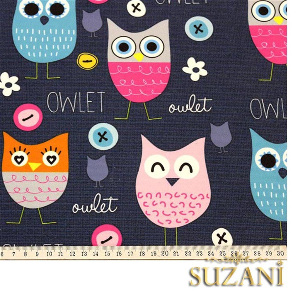 Lacivert Baykuş Desenli Çocuk Kumaşı