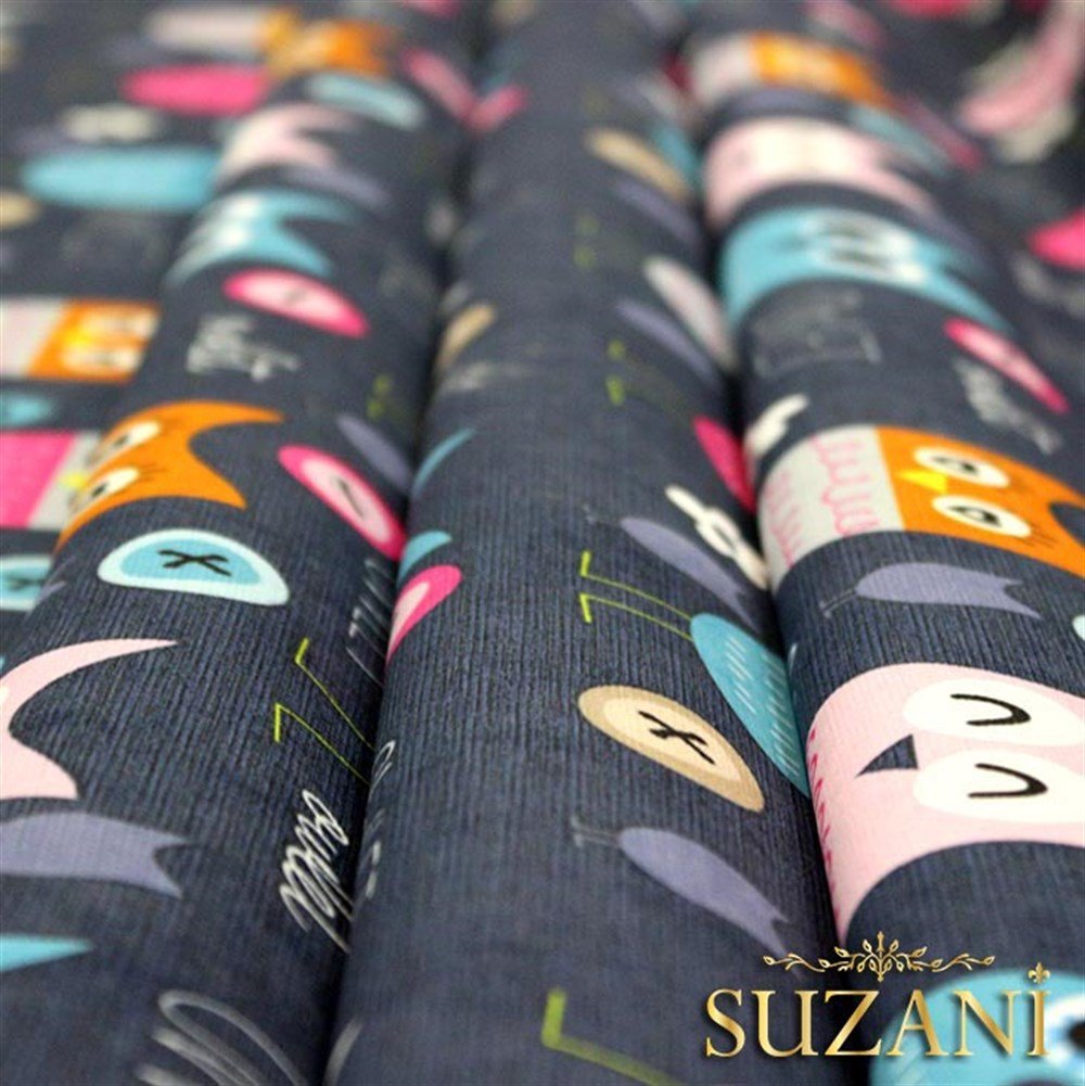 Lacivert Baykuş Desenli Çocuk Kumaşı