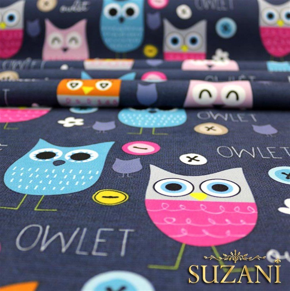 Lacivert Baykuş Desenli Çocuk Kumaşı