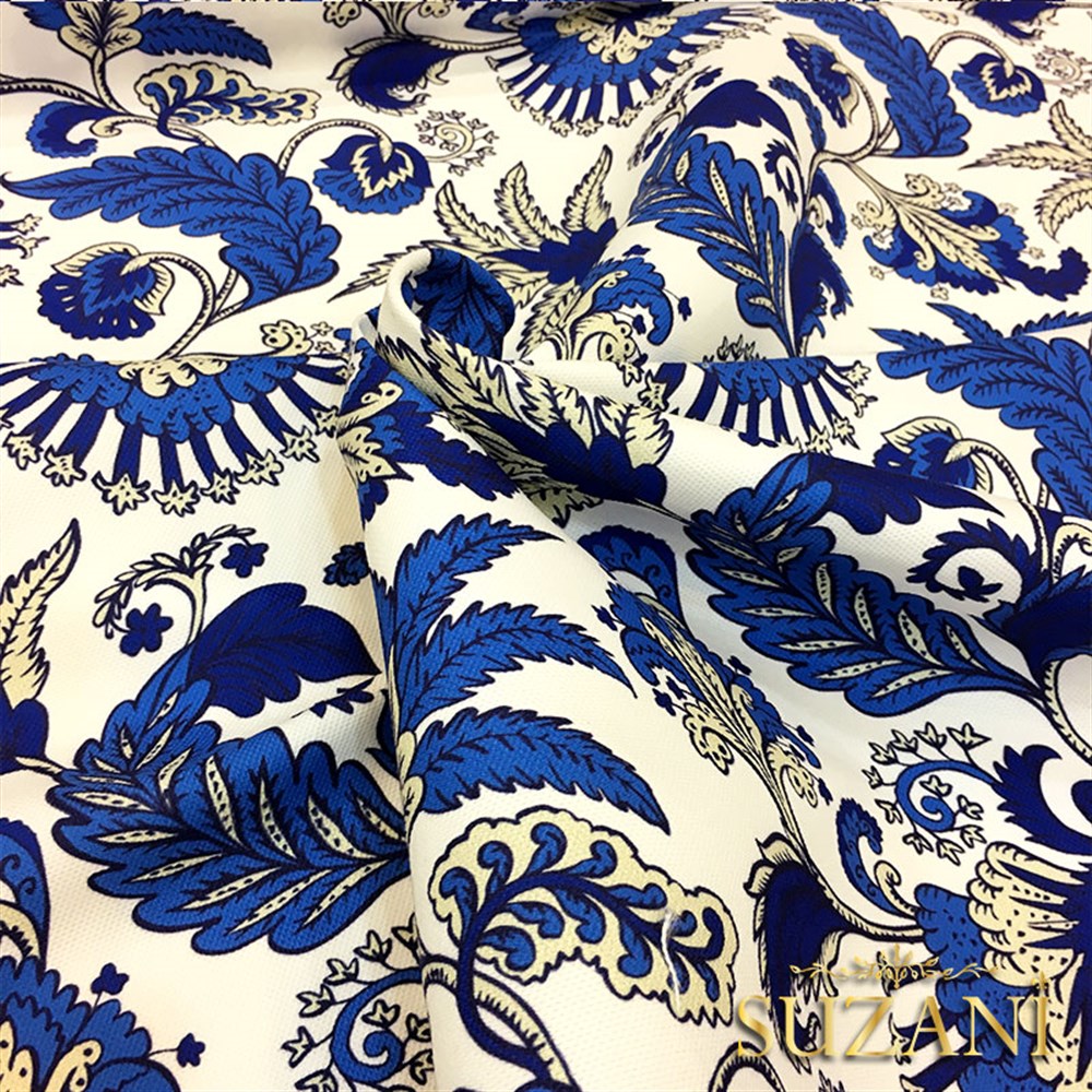 Lacivert Beyaz Çiçekli Batik Desenli Kumaş