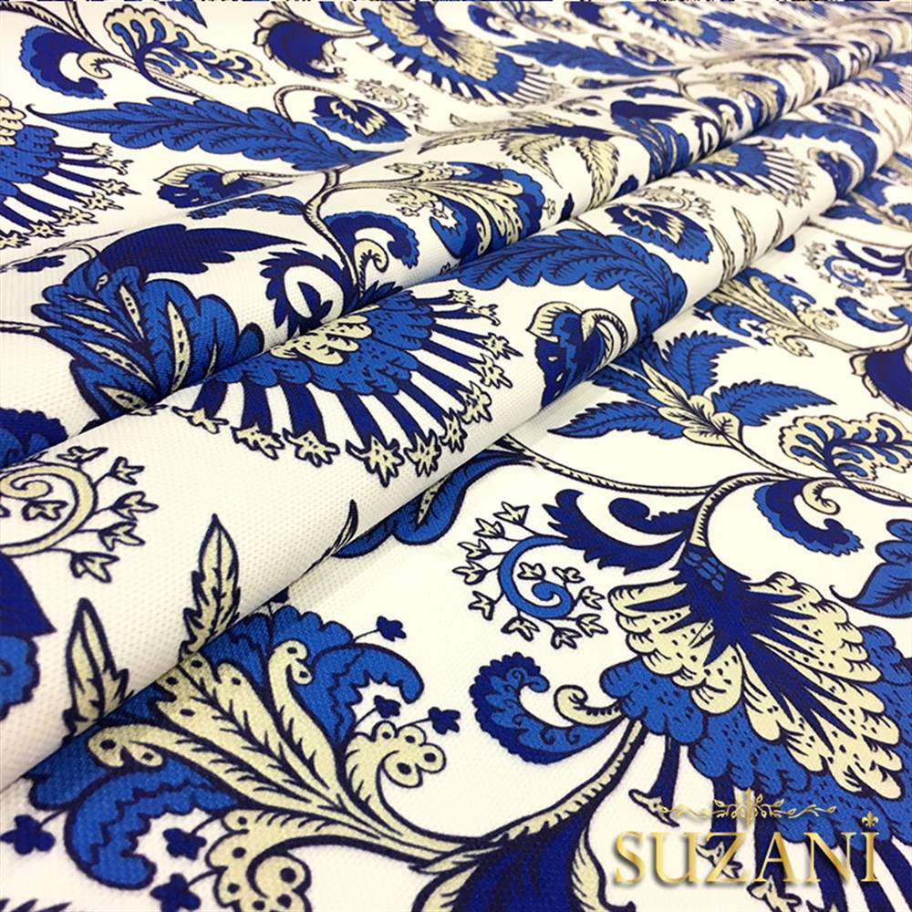 Lacivert Beyaz Çiçekli Batik Desenli Kumaş