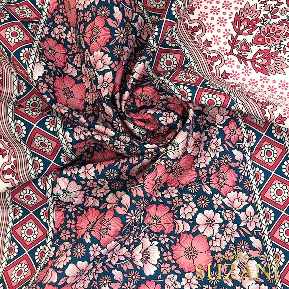 Lacivert Pembe Geleneksel Desenli Dijital Baskılı Kumaş