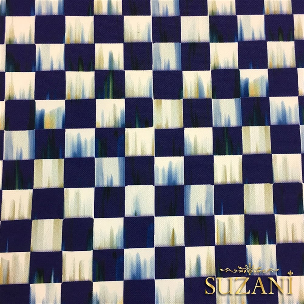 Lacivert Yağlıboya Efektli Damalı Kumaş