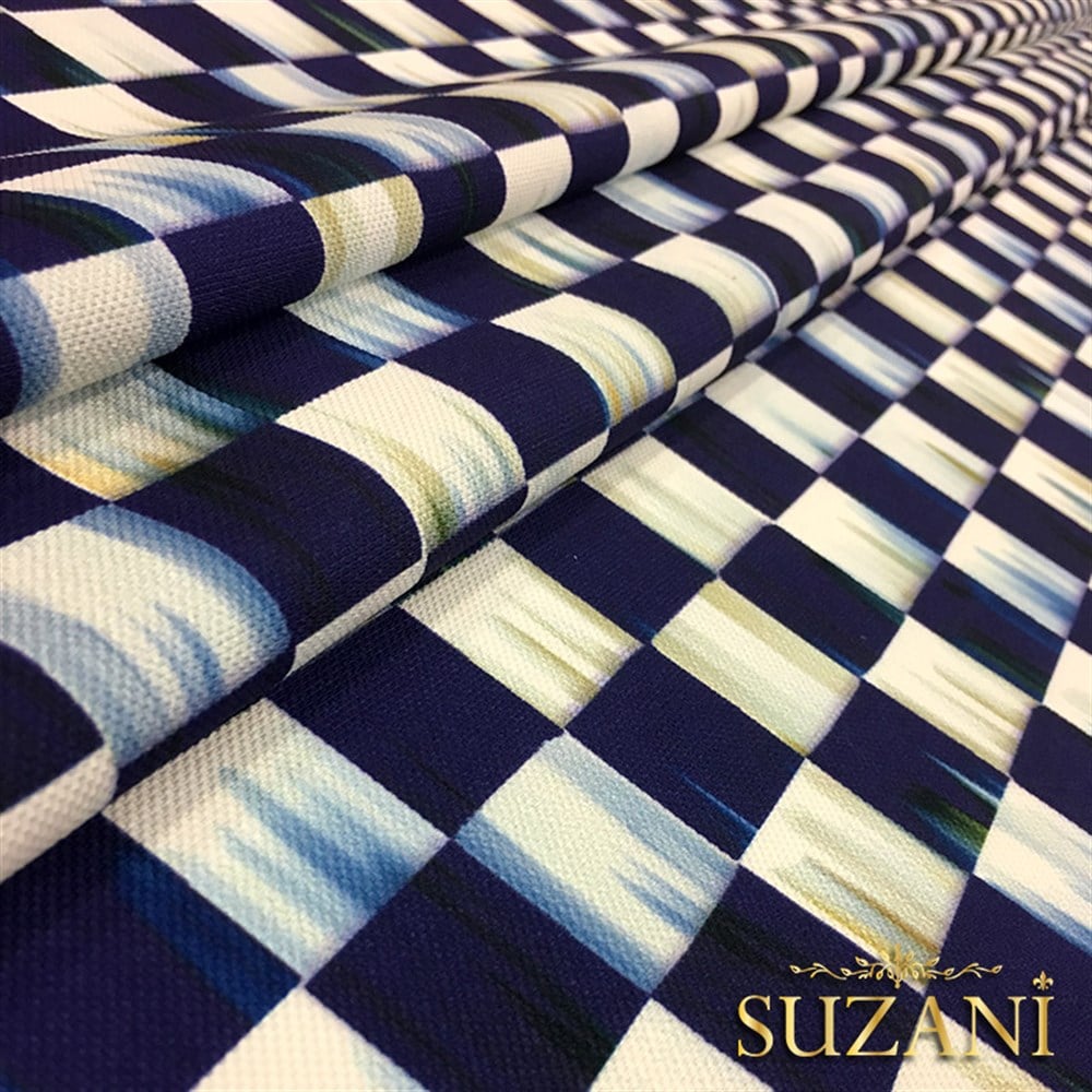 Lacivert Yağlıboya Efektli Damalı Kumaş