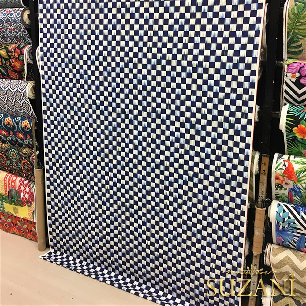 Lacivert Yağlıboya Efektli Damalı Kumaş