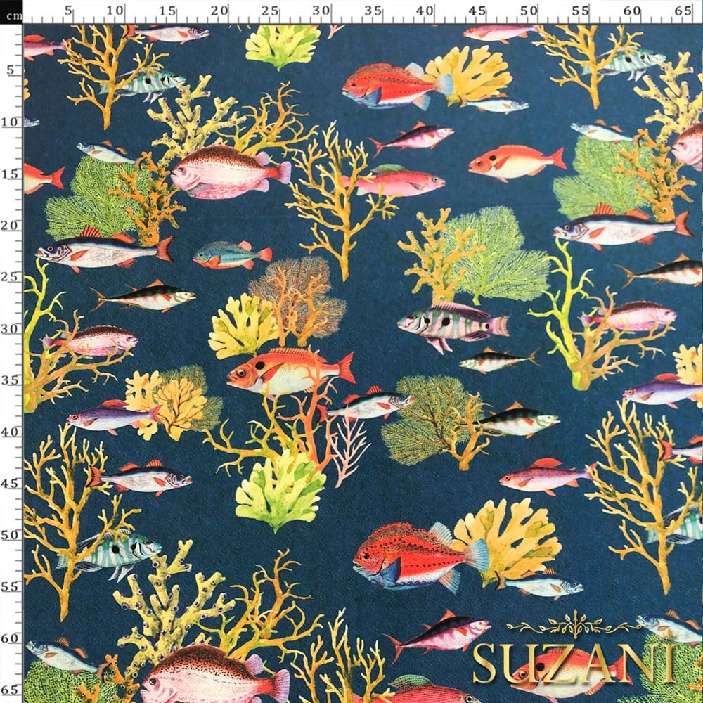 Lacivert Zemin Balık Desenli Dijital Baskılı Kumaş