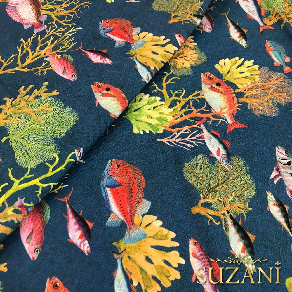 Lacivert Zemin Balık Desenli Dijital Baskılı Kumaş