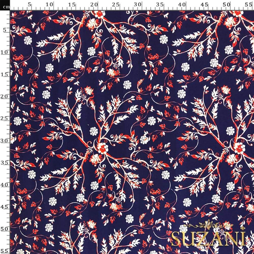 Lacivert Zemin Çıtır Çiçek Desenli Dijital Baskılı Kumaş