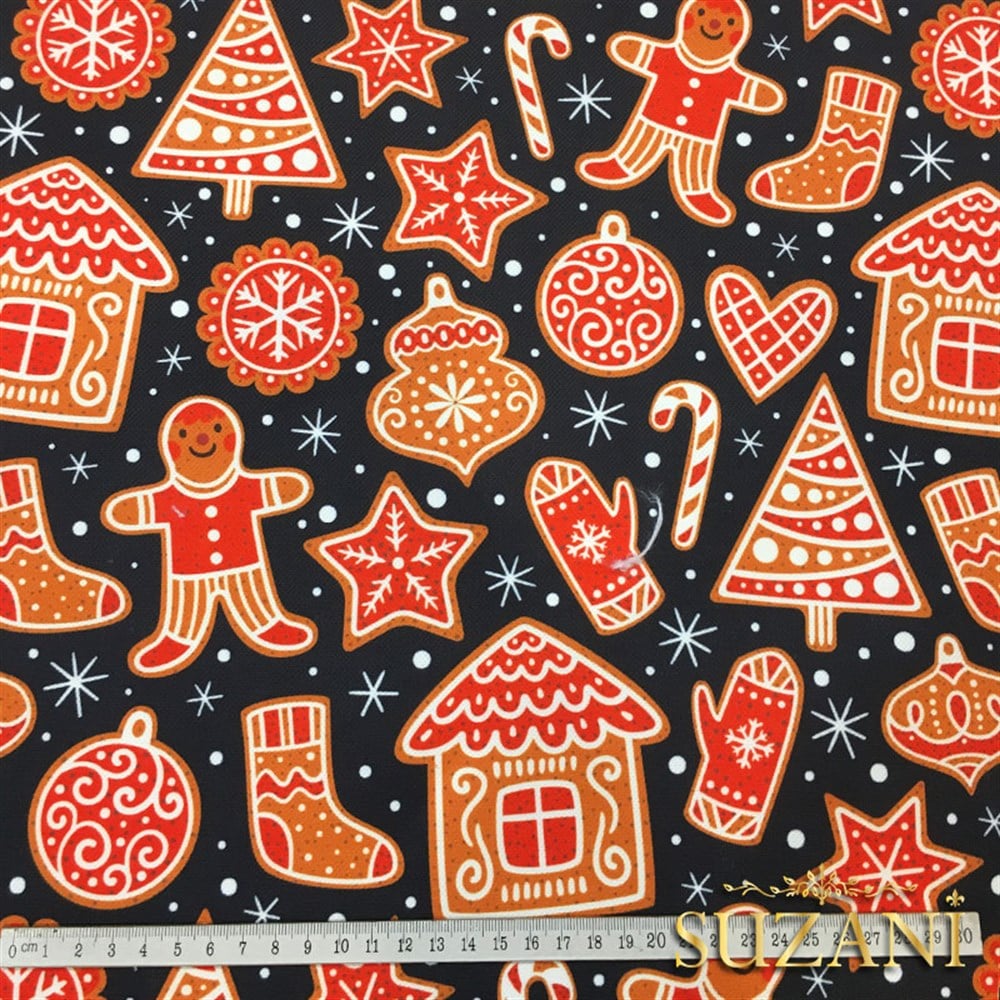 Lacivert Zemin Kurabiyeli Yılbaşı Desenli Kumaş